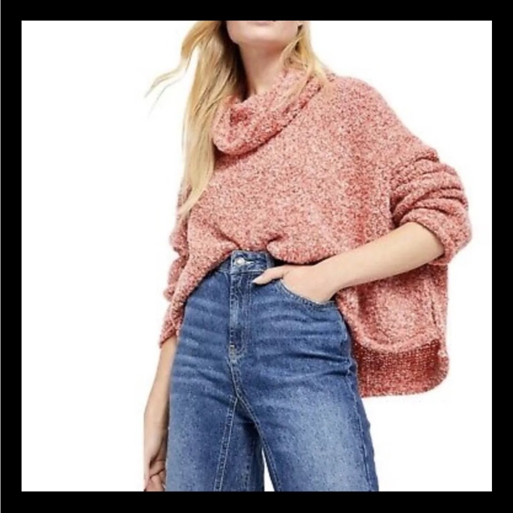 Free People Cowl Neck BFF Relaxed Boxy Sweater S Knit Heather Coral Oversized